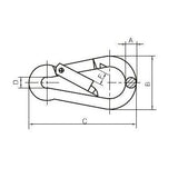 Technical drawing of a carbine hook component with labeled dimensions on a white background
