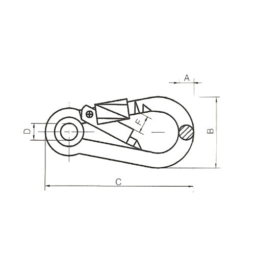 Technical drawing of a carbine hook with a screw gate component with labeled dimensions on a white background