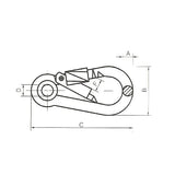 Technical drawing of a carbine hook with a screw gate component with labeled dimensions on a white background