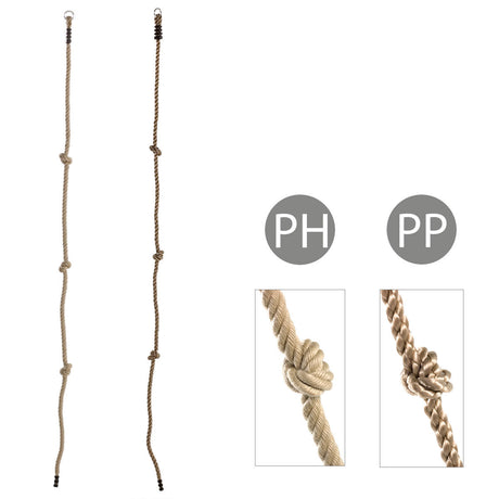 Children’s knotted climbing rope, against a white background.  