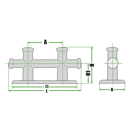 Technical dimension diagram of a metal bollard cleat with green measurement lines and labels A, B, H, L, and L1 on a white background.