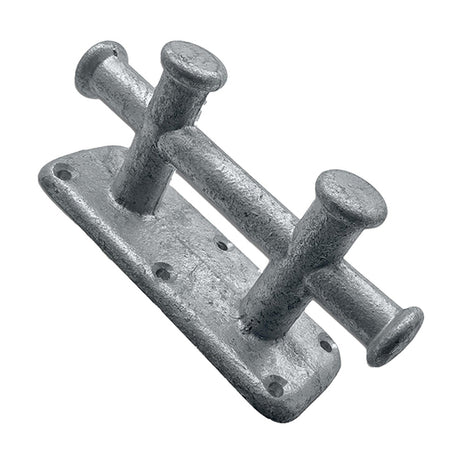 Image of a galvanised double mooring cleat shown at an angle against a white background