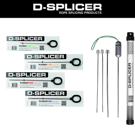 D-Splicer rope splicing products shown on a white background with a black header. The image includes four boxed splicing tools labeled Fixed10, Fixed15, Fixed20, and Fixed25, plus four metal pins and a clear cylindrical tool with a gray end piece and green cord.