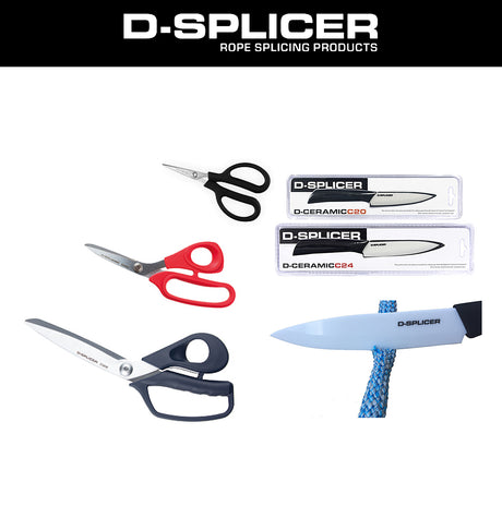D-Splicer rope splicing products displayed on a white background, including three pairs of scissors in black, red, and navy handles, two boxed ceramic blades labeled D-CeramicC20 and D-CeramicC24, and a blue-and-black splicing tool with braided rope.