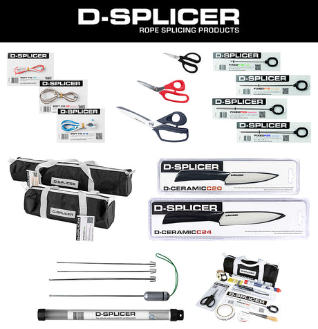 A product collage for D-SPLICER rope splicing tools and accessories on a white background with a black header. Visible items include multiple boxed and packaged D-SPLICER products, two pairs of scissors, two D-Ceramic C20/C24 knives in retail packaging, two black carrying cases, several metal rods, cords, and small tool accessories.
