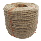 Coiled natural brown rope with orange binding on a white background