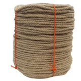 Coiled natural brown rope with an orange tie on a white background