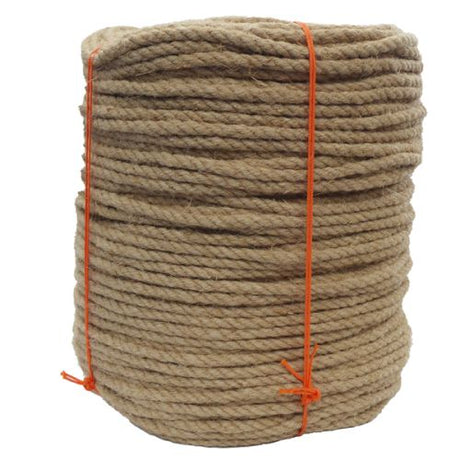 Coiled natural brown rope with an orange tie on a white background