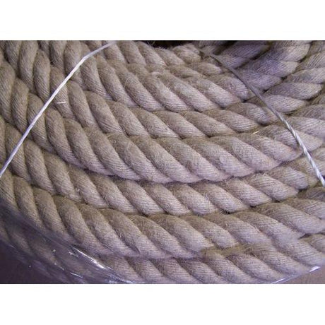 Close-up of a coiled natural brown rope with white binding.