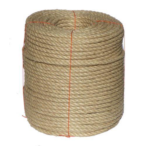 Coil of natural brown rope with an orange line on a white background