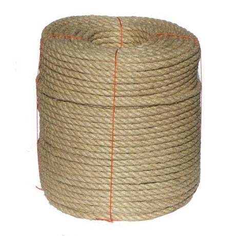 Coil of natural brown rope with an orange line on a white background