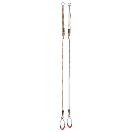 A pair of climbing or gym rope handles with red-painted loop ends, suspended vertically against a plain white background.