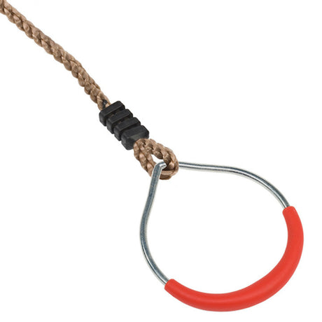A close-up of a climbing or gymnastics ring with a brown braided rope, a black textured collar, a silver metal loop, and a red rubberized grip on a white background.