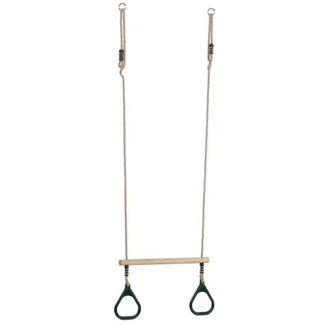 Hardwood trapeze with plastic rings on a white background.