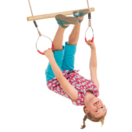 Hardwood trapeze with metal rings on a white background.