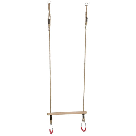 Hardwood trapeze with metal rings on a white background.