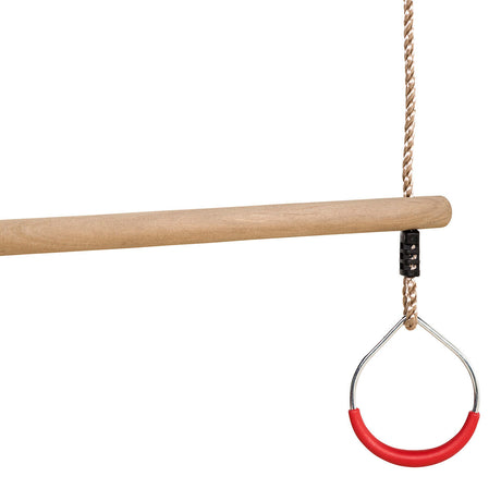 Hardwood trapeze with metal rings on a white background.