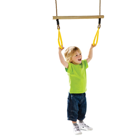 A child using a hardwood trapeze on a white background.