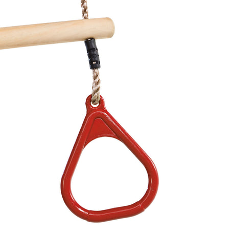 Hardwood trapeze with plastic rings on a white background.