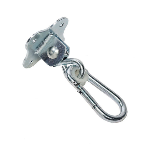 Indoor swing hook designed specifically for mounting indoors, or under a carport. domestic use and suitable for up to 70kg. Screws / bolt screws are not included. Dimensions 90 x 90 x 168mm, on a white background.