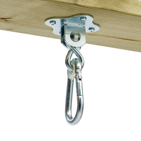 A silver metal swivel hook with a carabiner attachment, shown mounted under a wooden board against a white background.