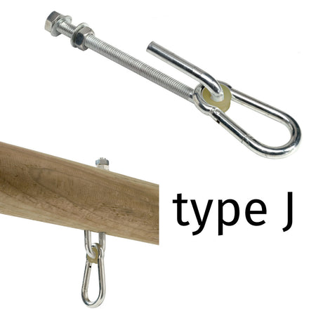 J Swing Hook Galvanised steel swing hook with nylon bearing and threaded bar M12 length 140mm. For domestic use and suitable for up to 70kg. Supplied with two nuts and two washers. Carbine hook outer dimensions 100mm x 50mm, diameter 10mm. Can be used to hang a swing, rope ladder or trapeze from a wooden beam up to 125mm thick.