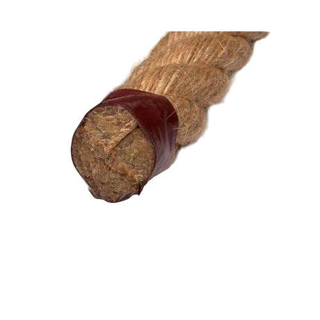 Close-up of a jute rope with brown pvc tape wrapped aroundthe end on a white background,