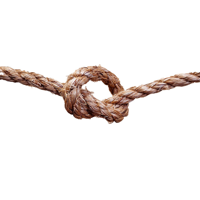 Close-up of a knotted brown rope on a white background