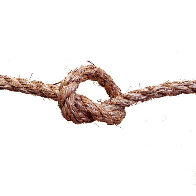 Close-up of a knotted brown rope on a white background