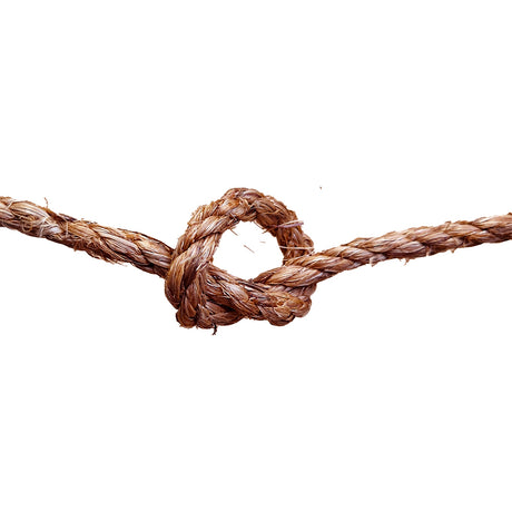Close-up of a knotted 
brown rope on a white background
