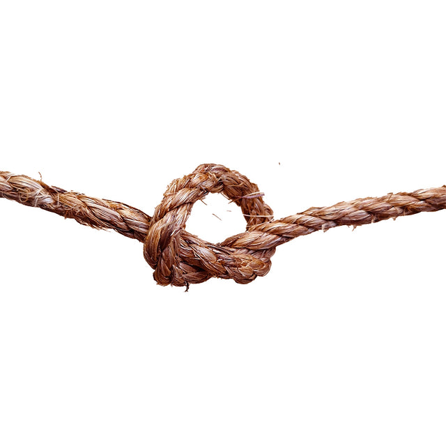 Close-up of a knotted 
brown rope on a white background