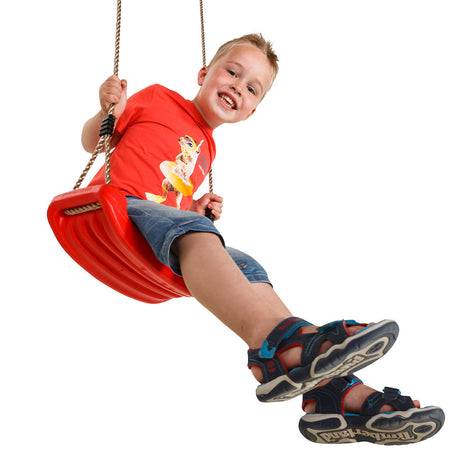 Children's moulded Plastic Swing with adjustable 12mm Synthetic Hemp Ropes.On a white background.