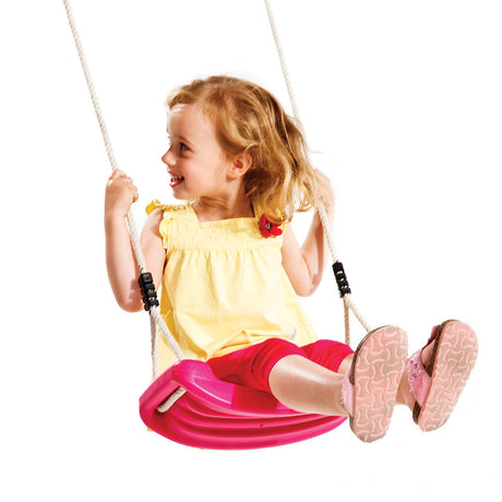 Children's moulded Plastic Swing with adjustable 12mm Synthetic Hemp Ropes.On a white background.