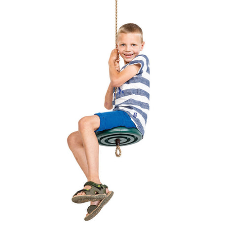Childrens Monkey Swing made with a plastic moulded lime green seat and soft-feel 12mm Synthetic Hemp rope for strength and durability outdoors on a white background.