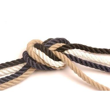 Close-up of polyester ropes in black, white, navy and beige on a white background