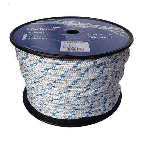 10mm White / Blue Fleck Braid on Braid Polyester Rope - 100m reel