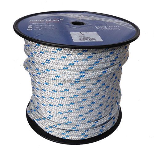 14mm White / Blue Fleck Braid on Braid Polyester Rope - 100m reel