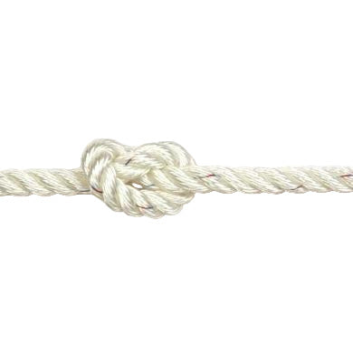 close-up of white polyester rope with a knot on a white background