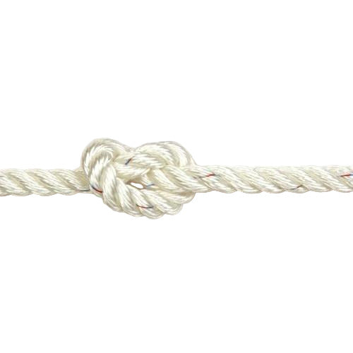 close-up of white polyester rope with a knot on a white background