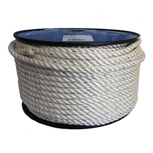 Spool of white rope with a blue label on a white background