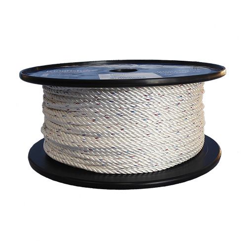 Spool of white polyester rope with a blue label on a white background