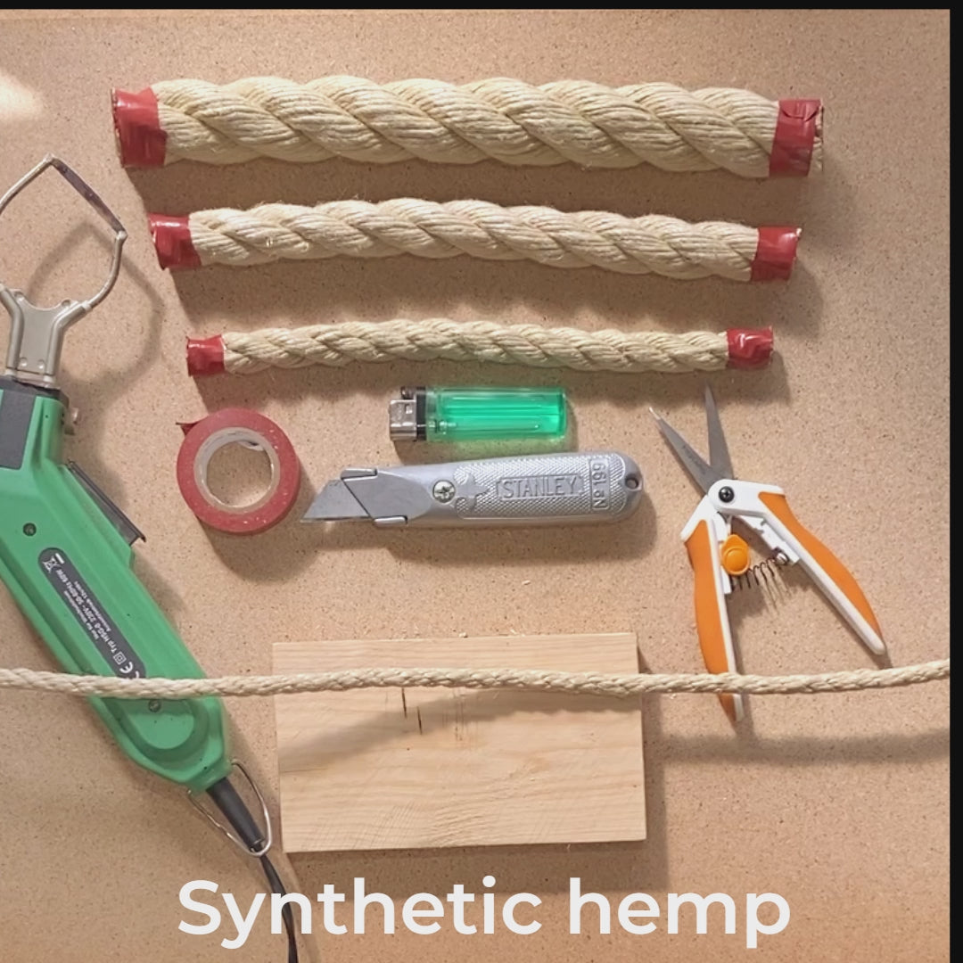 Short video showing the handling and cutting of synthetic hemp rope.