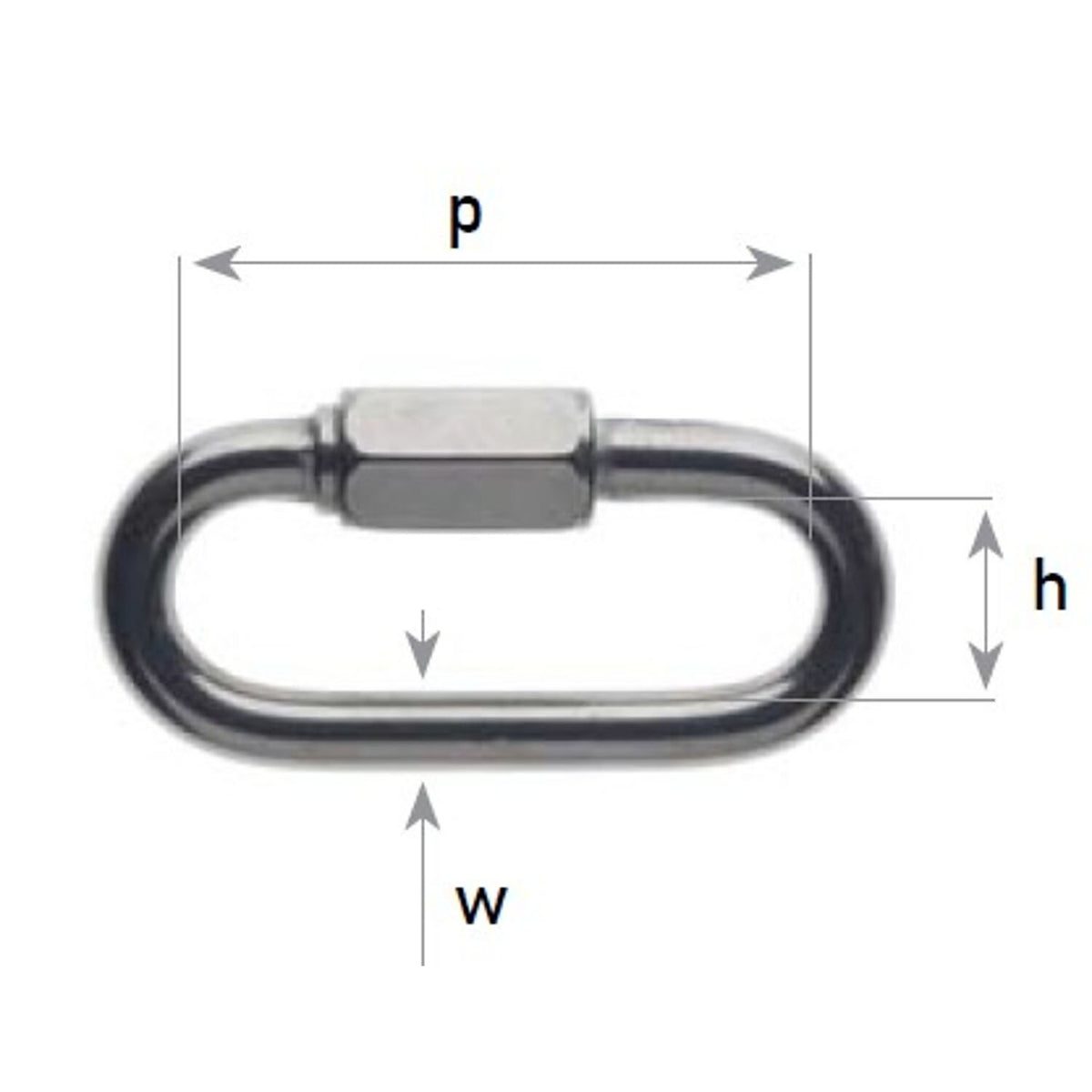 A metal loop hook with a hexagonal threaded section, shown with dimension arrows and labels p, h, w on a plain white background.
