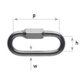 A metal loop hook with a hexagonal threaded section, shown with dimension arrows and labels p, h, w on a plain white background.