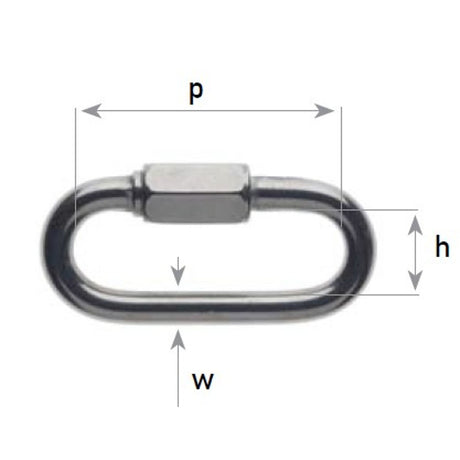 A metal loop hook with a hexagonal threaded section, shown with dimension arrows and labels p, h, w on a plain white background.