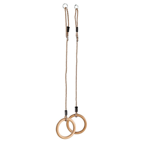 Two wooden gymnastic rings hanging from twisted rope straps with black accent beads and silver metal rings at the top, shown on a plain white background.
