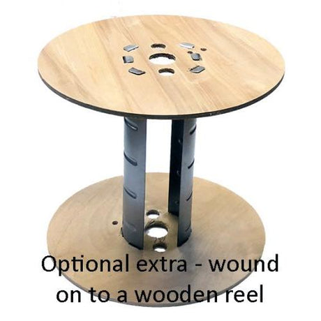 Wooden reel with a round wooden top and metal core, labeled 'Optional extra - wound on to a wooden reel'.