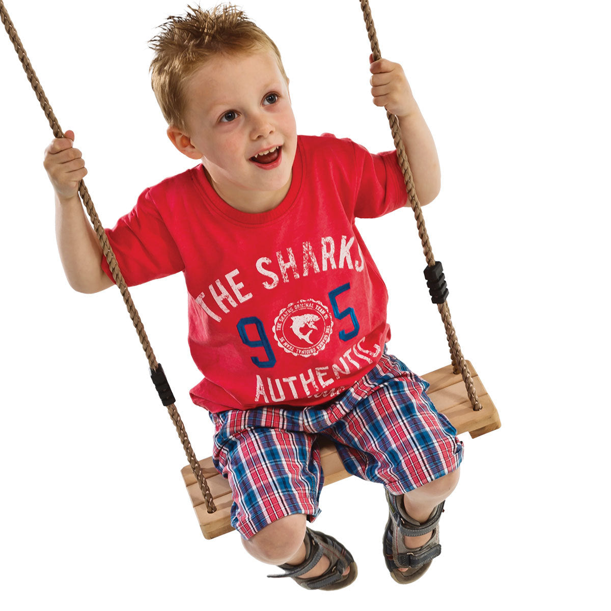 Varnished children's Hardwood Swing with 10mm adjustable Polypropylene Rope on a white background.