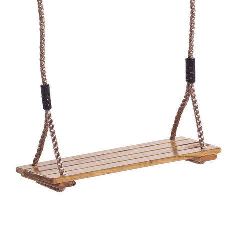 Varnished children's Hardwood Swing with 10mm adjustable Polypropylene Rope on a white background.