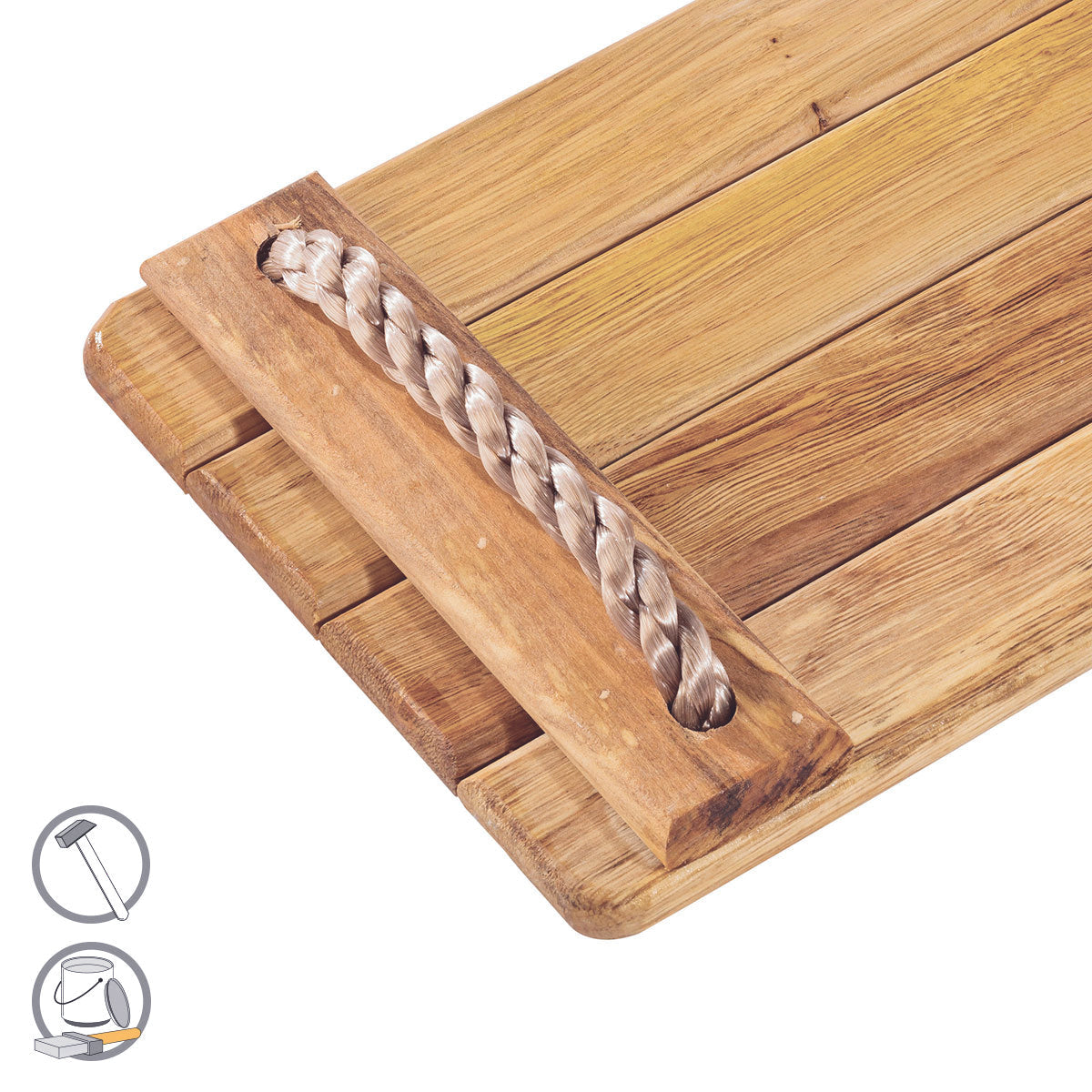 Varnished children's Hardwood Swing with 10mm adjustable Polypropylene Rope on a white background.